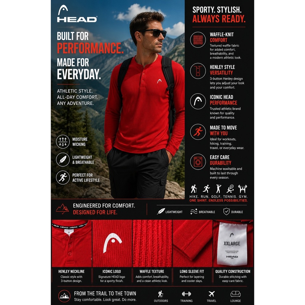 HEAD Men's XXL Red Long Sleeve Waffle-Knit Henley Performance Casual Shirt